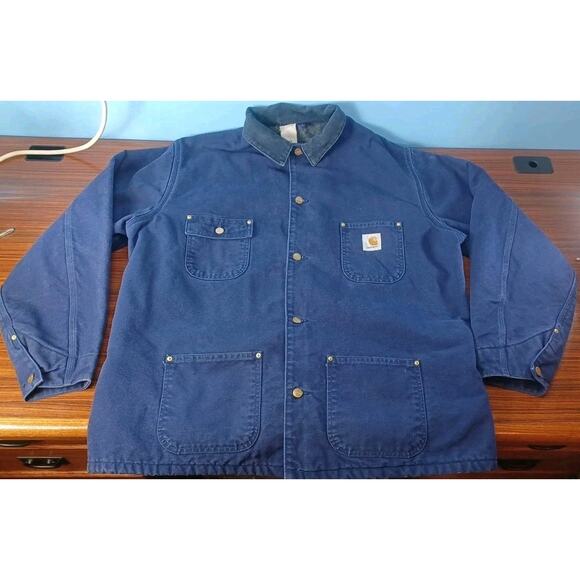 VINTAGE Carhartt Chore Indiglo Blue Jacket Men Blanket Lined Made USA Canvas 2XL - Picture 1 of 16
